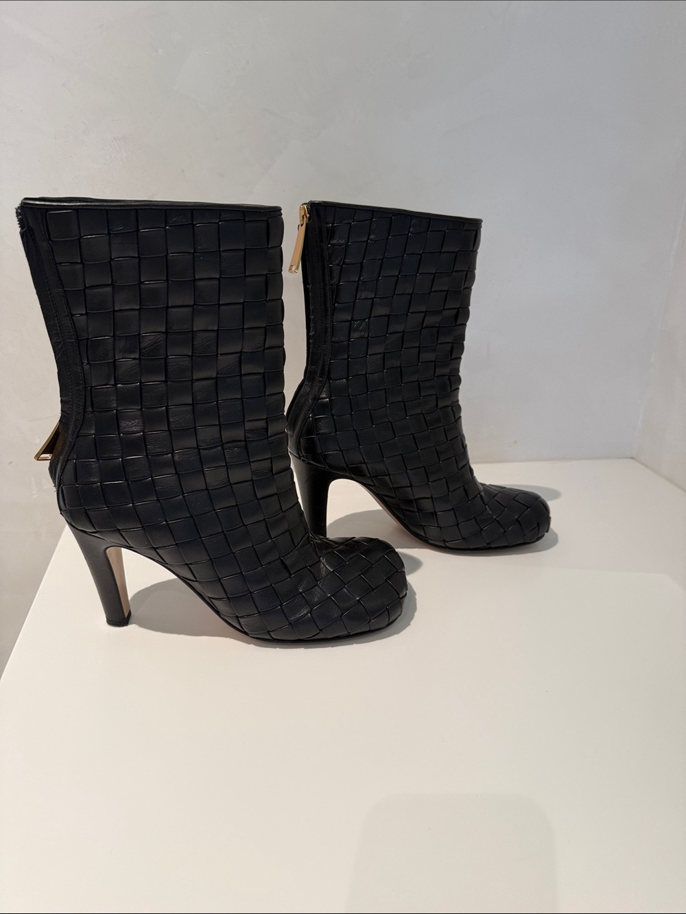 Bottega Veneta Black Woven Leather Mid-Calf Heeled Boots